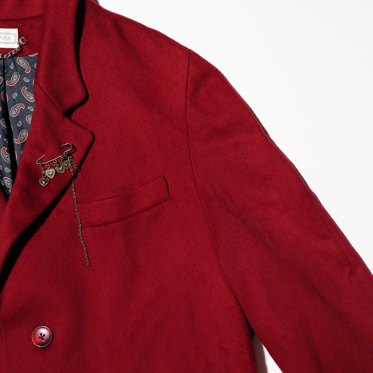 vintage crimson chesterfield wool coat , with paisley liner