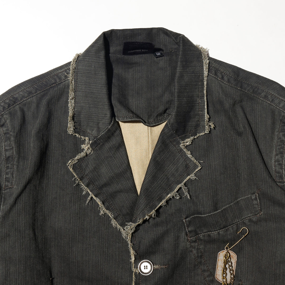 vintage distressed cropped jacket, with dogtag pins