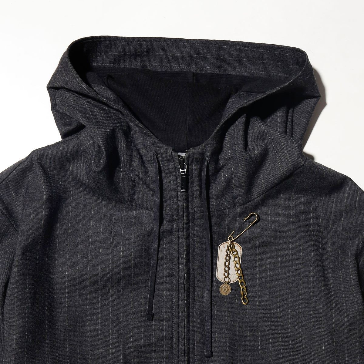 vintage stripe hooded jacket, with dogtag pins