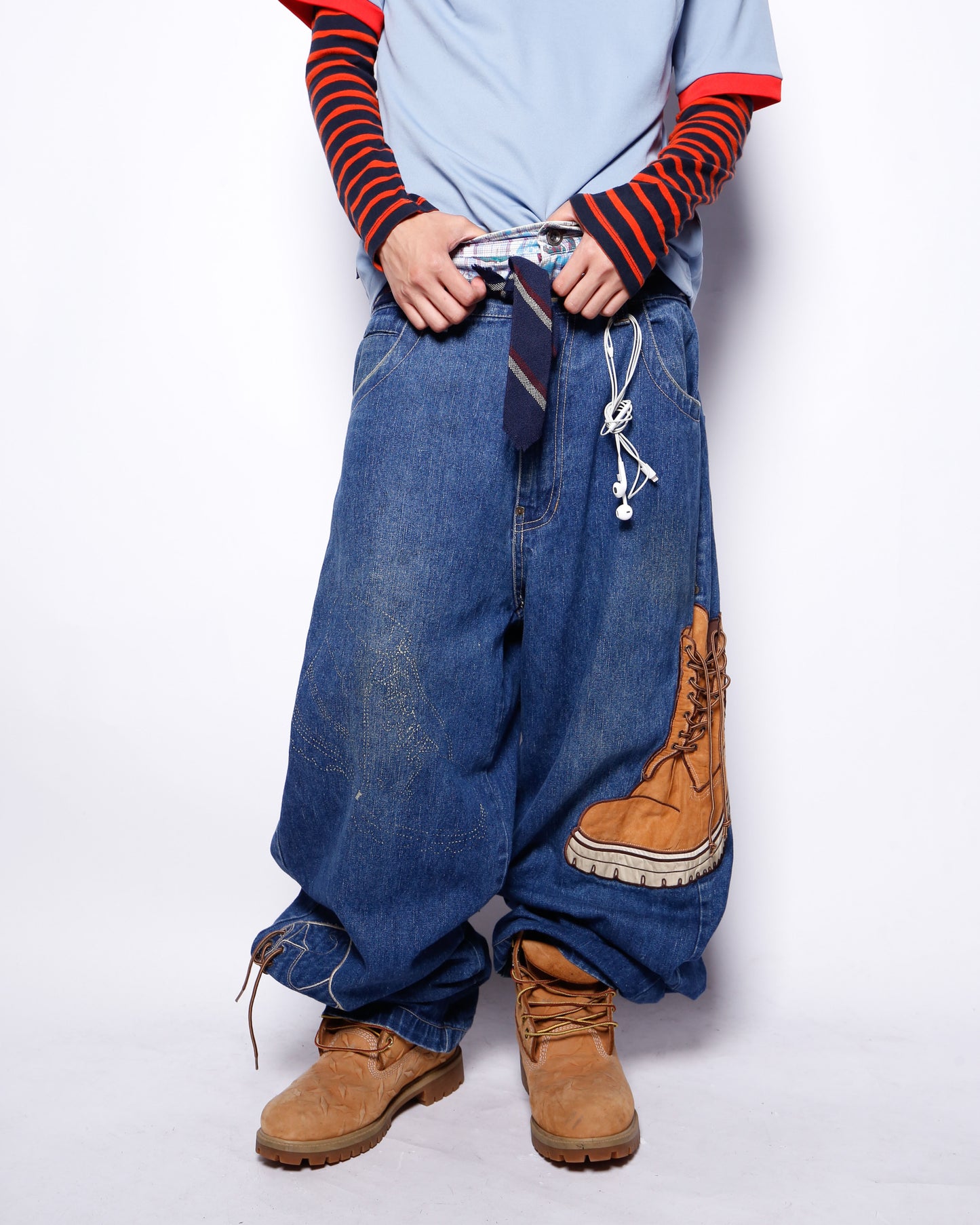 vintage raw blue yellow boots baggy jeans