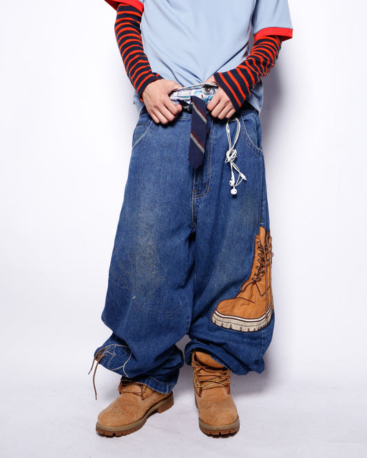 vintage raw blue yellow boots baggy jeans