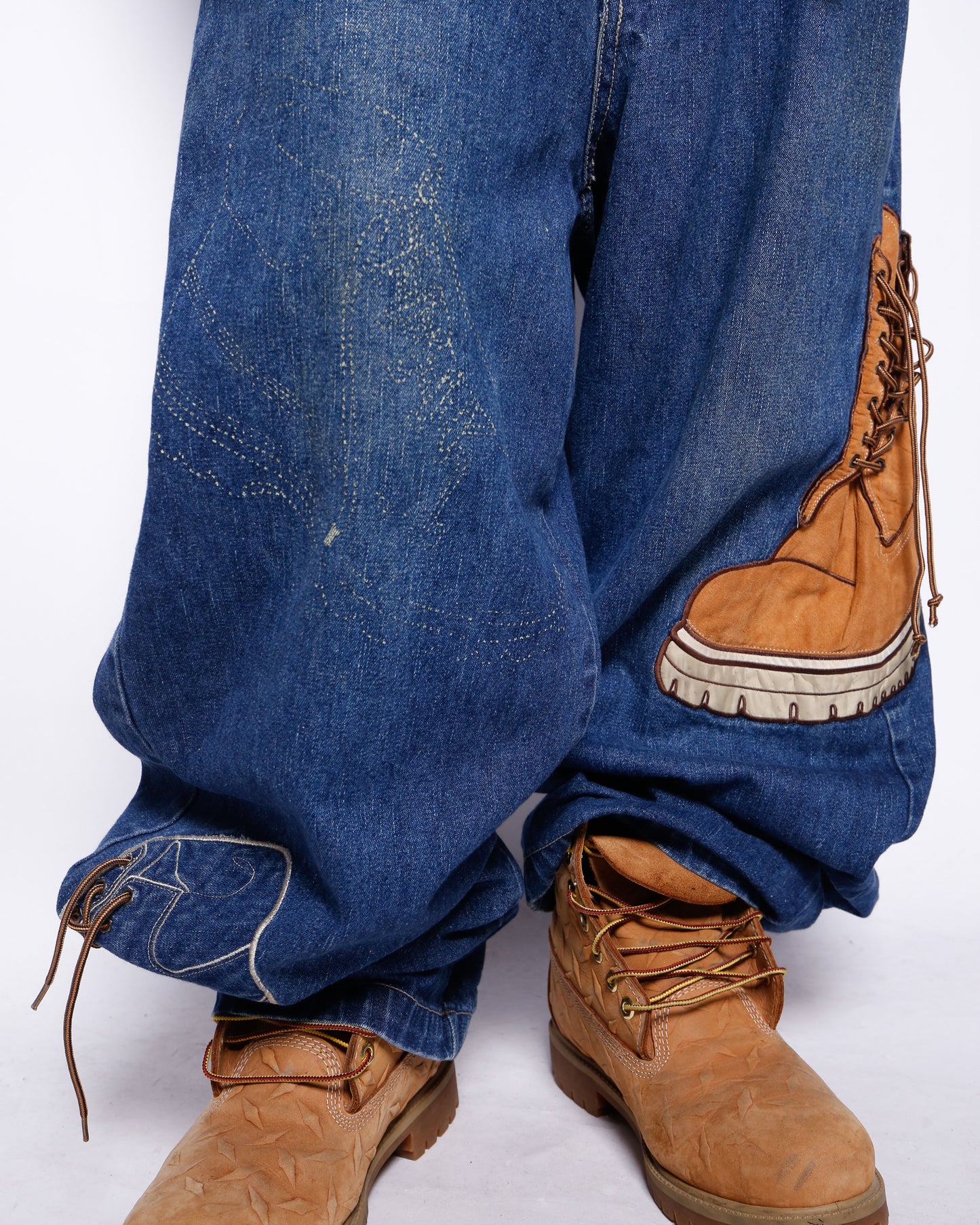 vintage raw blue yellow boots baggy jeans
