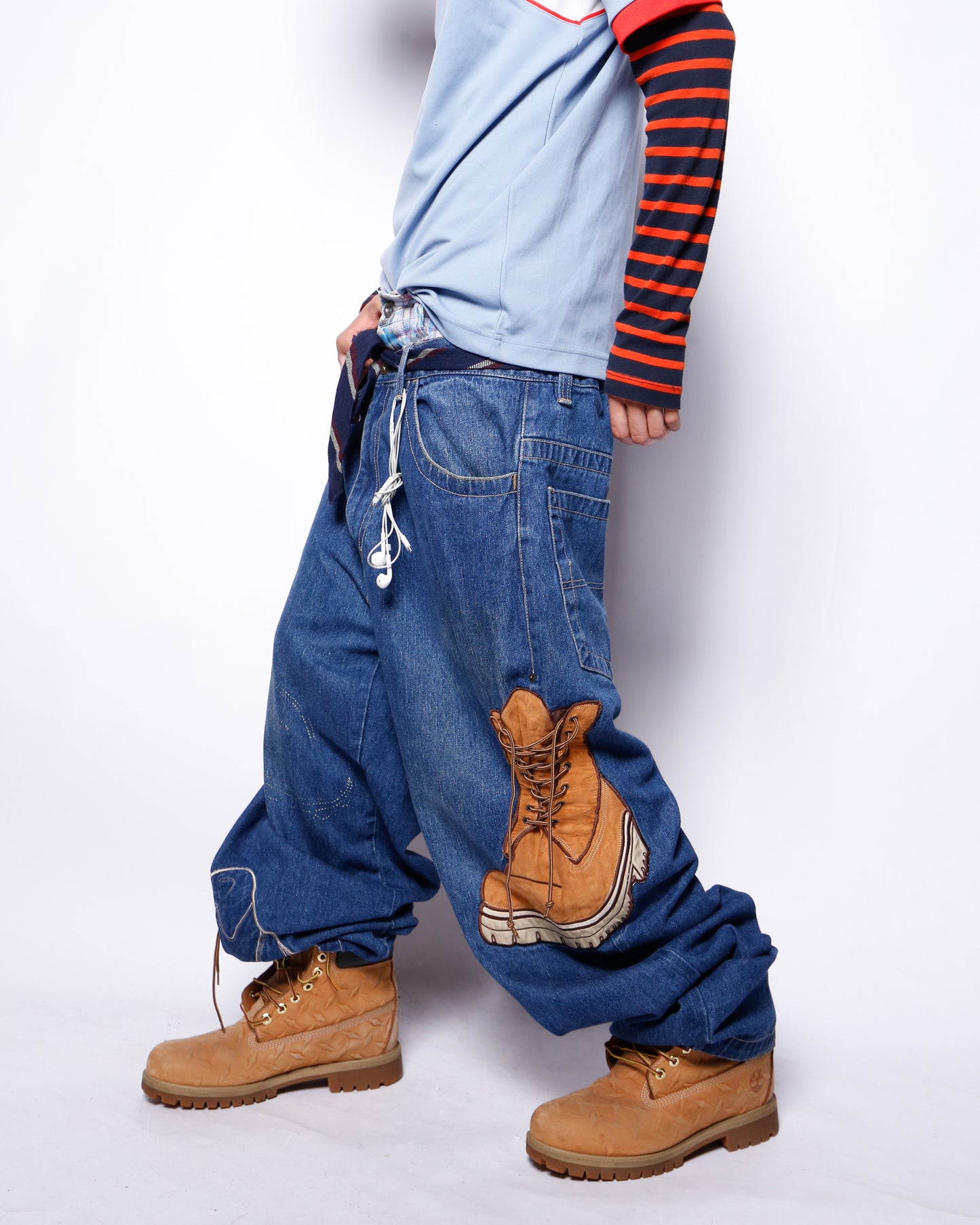 vintage raw blue yellow boots baggy jeans
