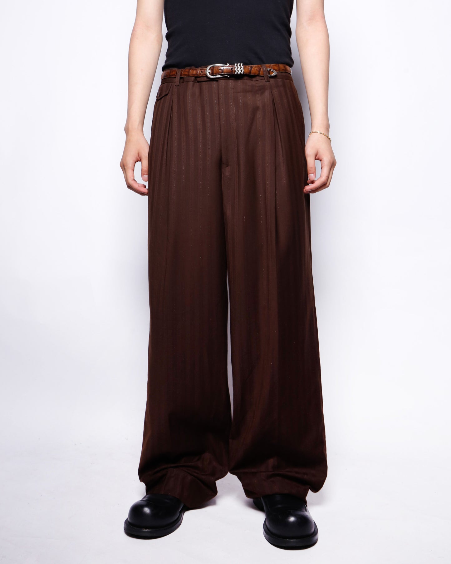 vintage tucked lame stripe wide slacks