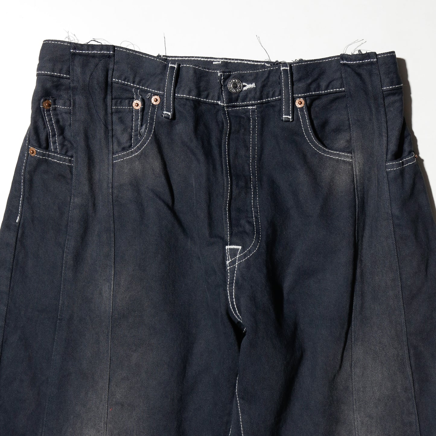 *one-off upside down baggy jeans: model-fade finish