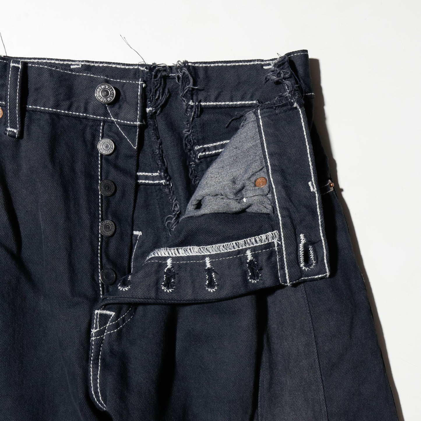 *one-off upside down baggy jeans: model-fade finish