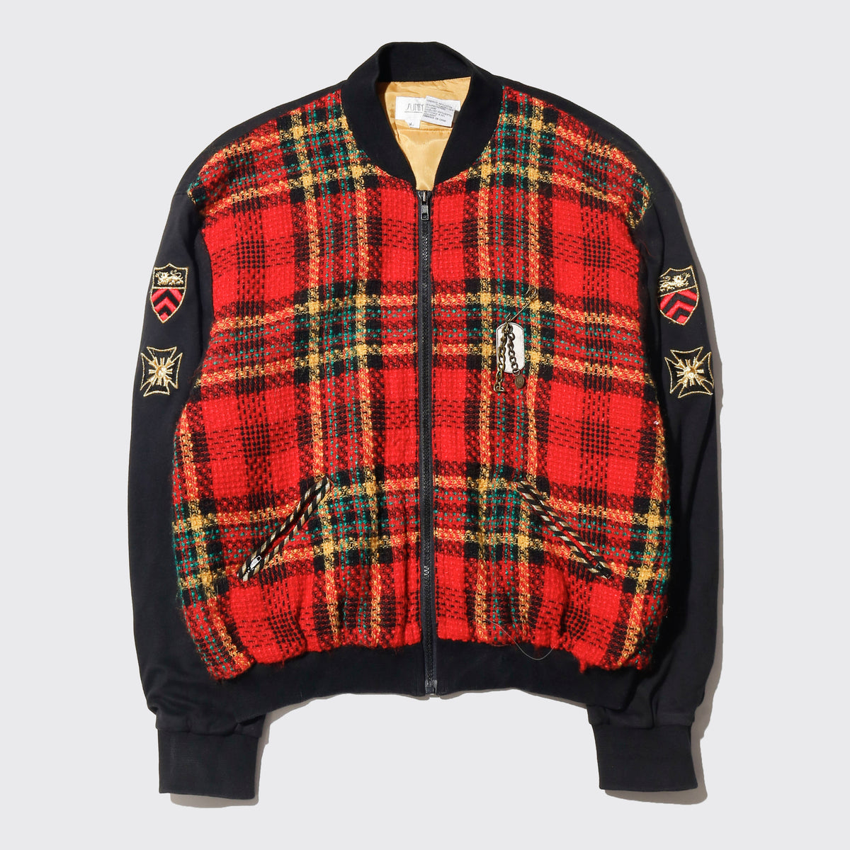 vintage emblem tartan check jacket, with dogtag pins