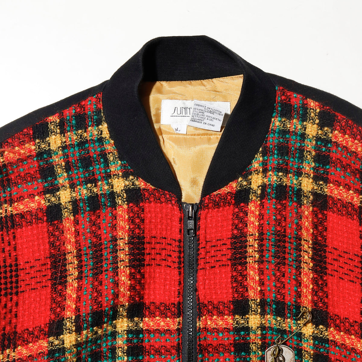 vintage emblem tartan check jacket, with dogtag pins