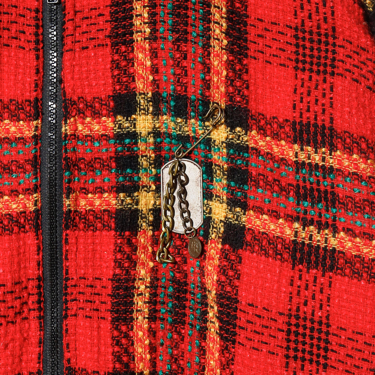 vintage emblem tartan check jacket, with dogtag pins
