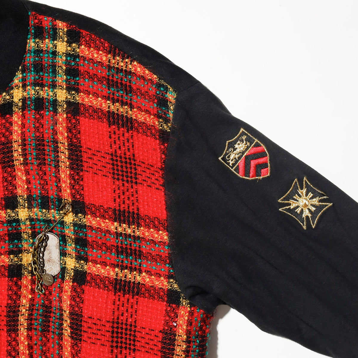 vintage emblem tartan check jacket, with dogtag pins