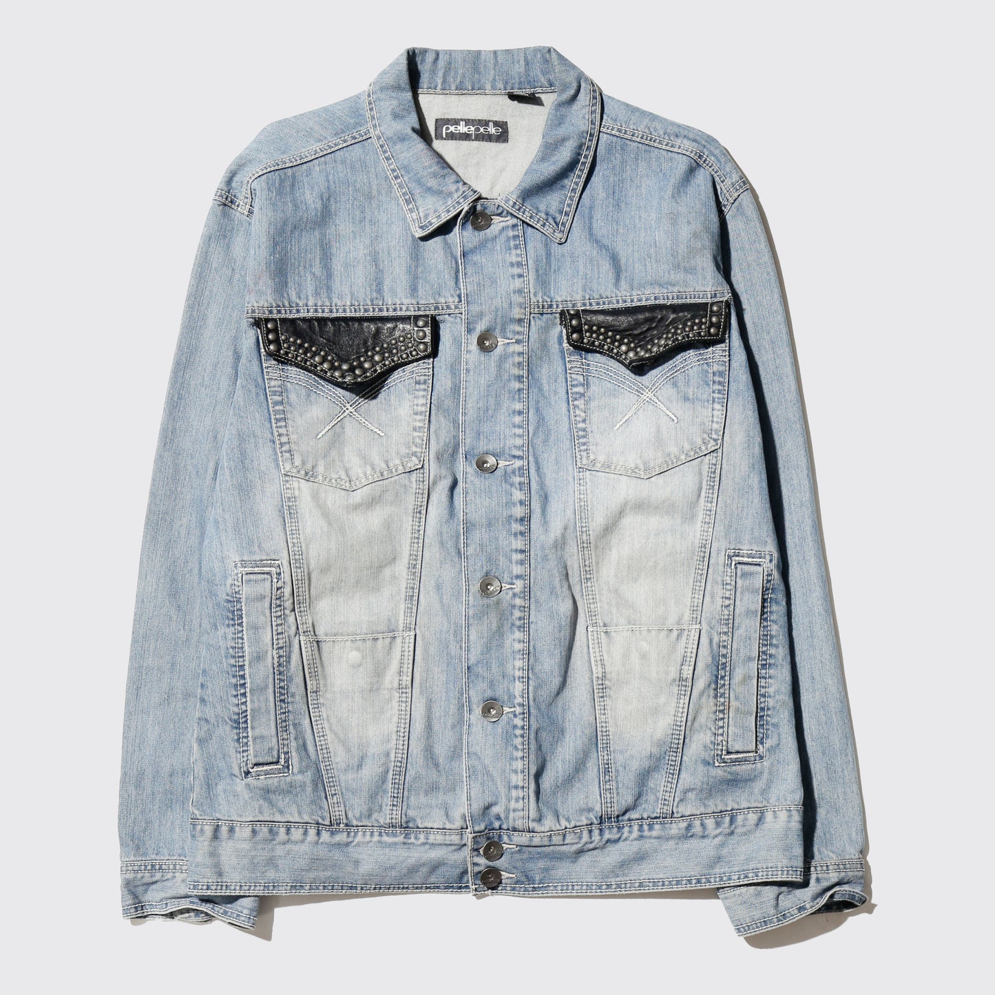 vintage pelle pelle studs/leather flap trucker jacket
