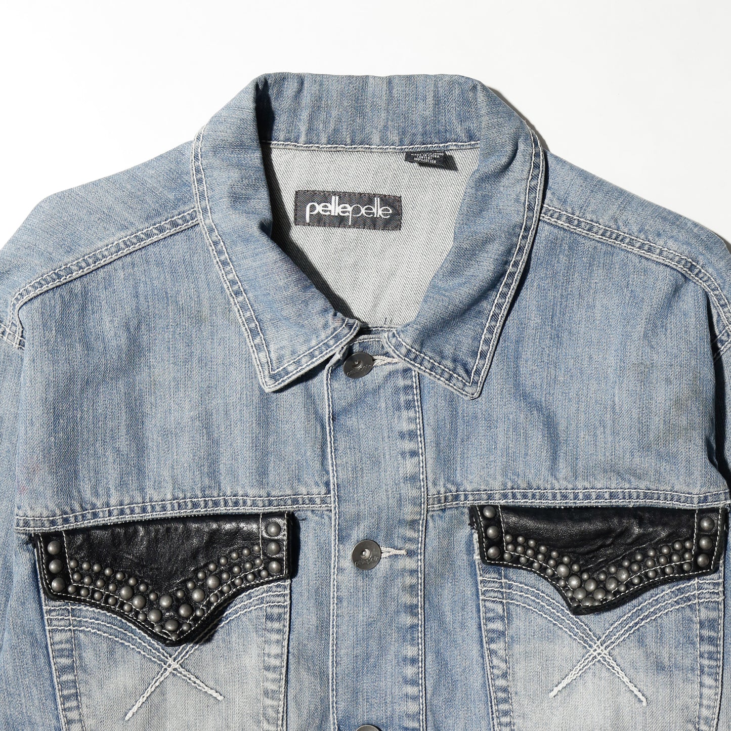 vintage pelle pelle studs/leather flap trucker jacket
