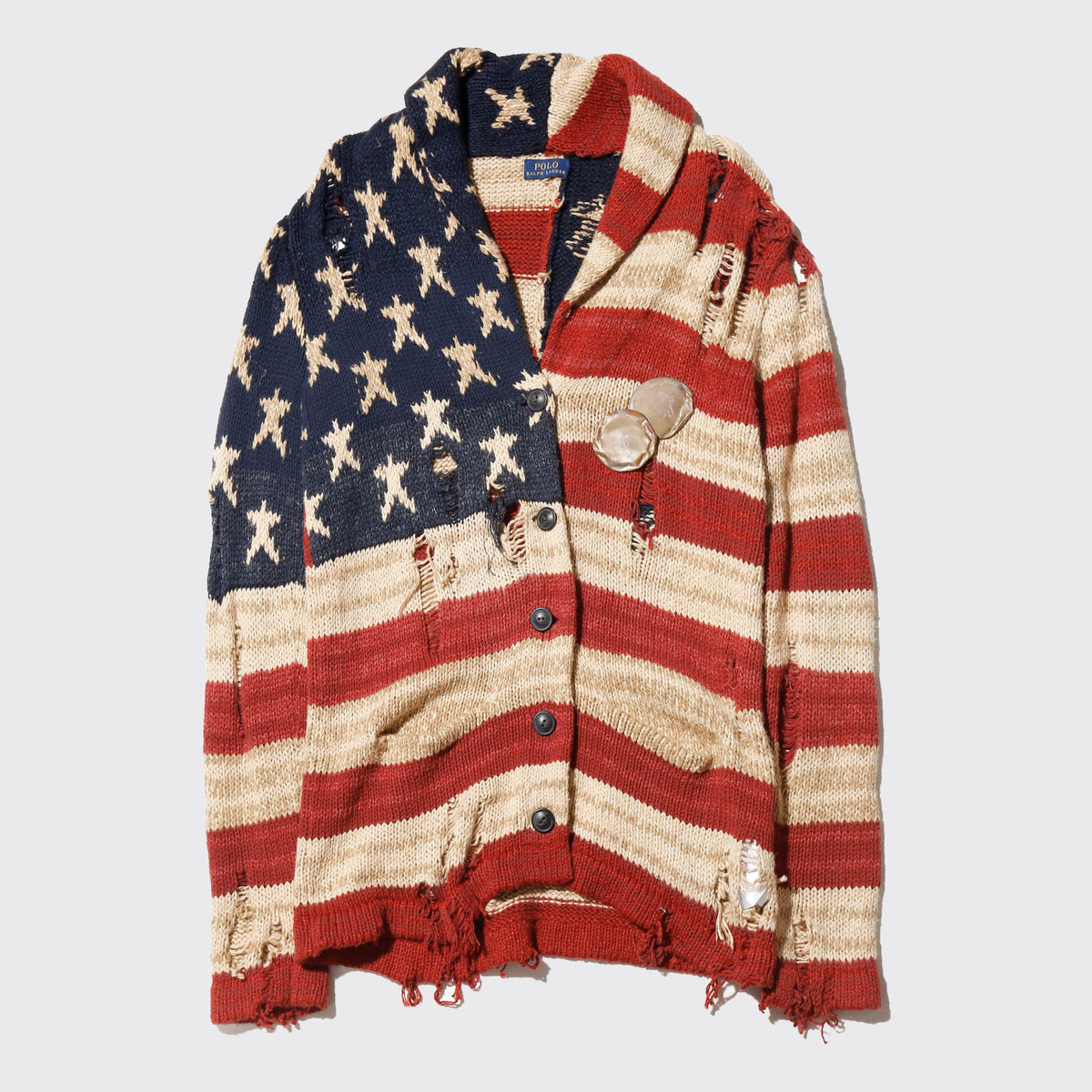 *one-off polo ralph lauren broken star and stripe cardigan, with copper badge