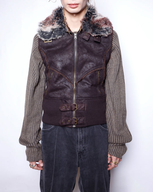 vintage fur collar belted vest