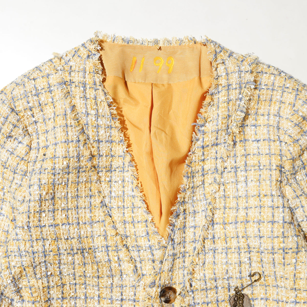vintage pastel tweed jacket, with dogtag pins