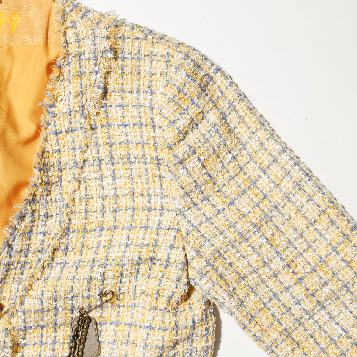 vintage pastel tweed jacket, with dogtag pins
