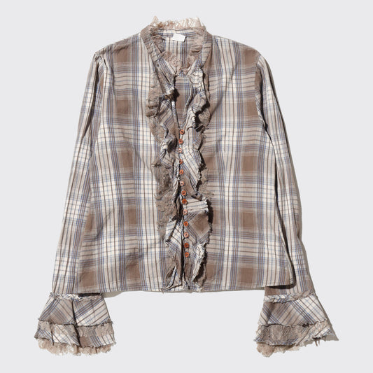 vintage cropped ruffle check blouse