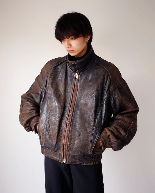 vintage faded stand collar leather jacket