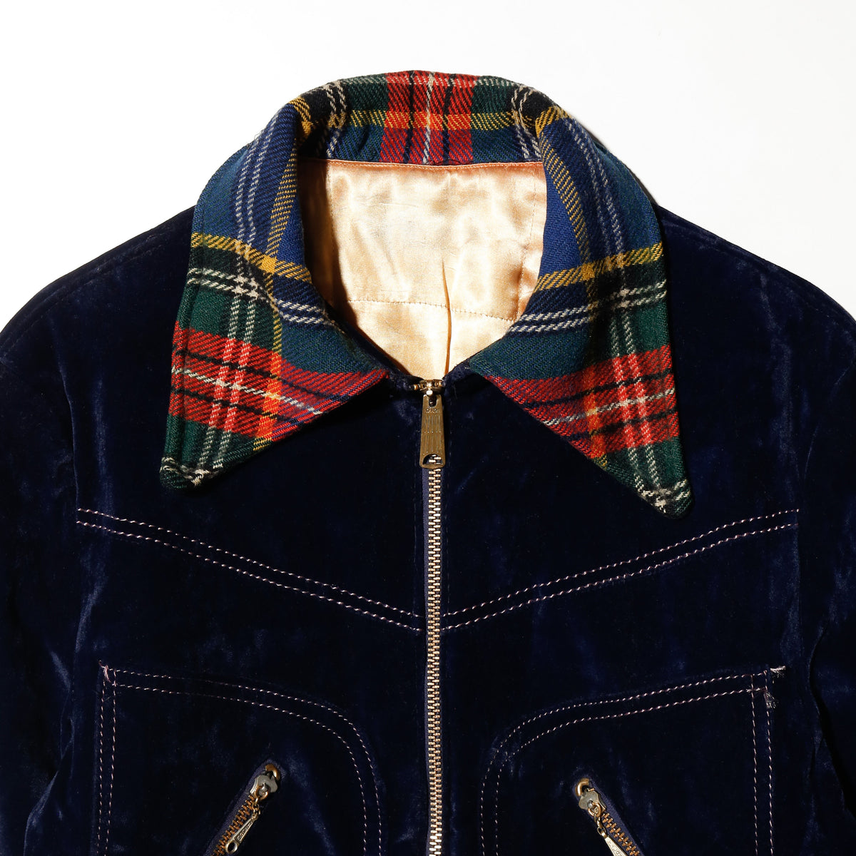 vintage 70's check collar velvet trucker jacket