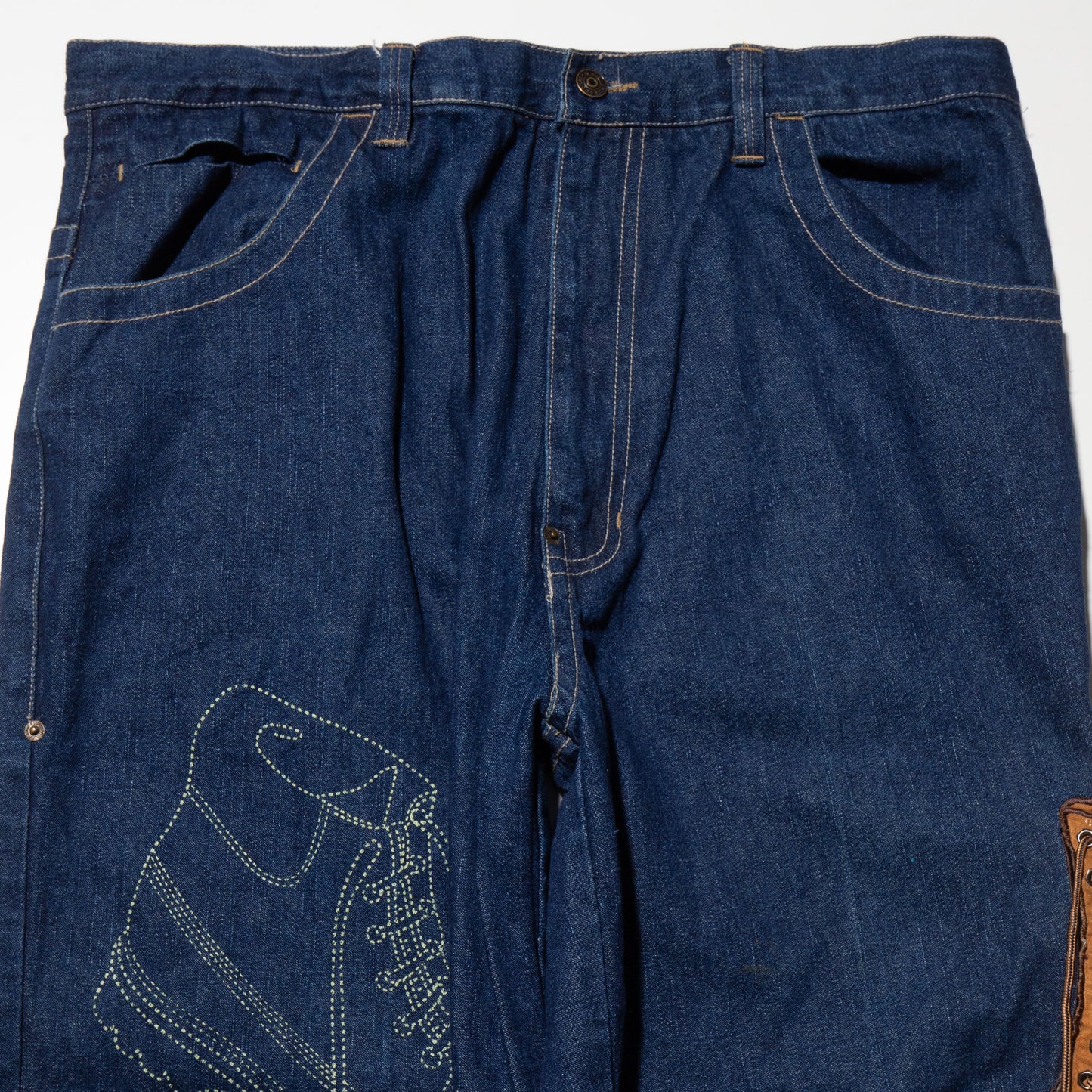 vintage rawblue yellow boots baggy jeans