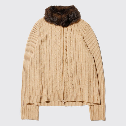 vintage fur collar cable knit jacket