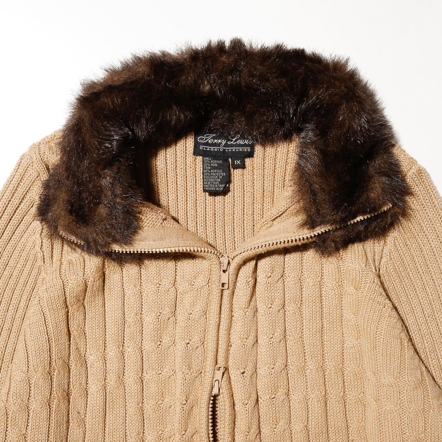 vintage fur collar cable knit jacket