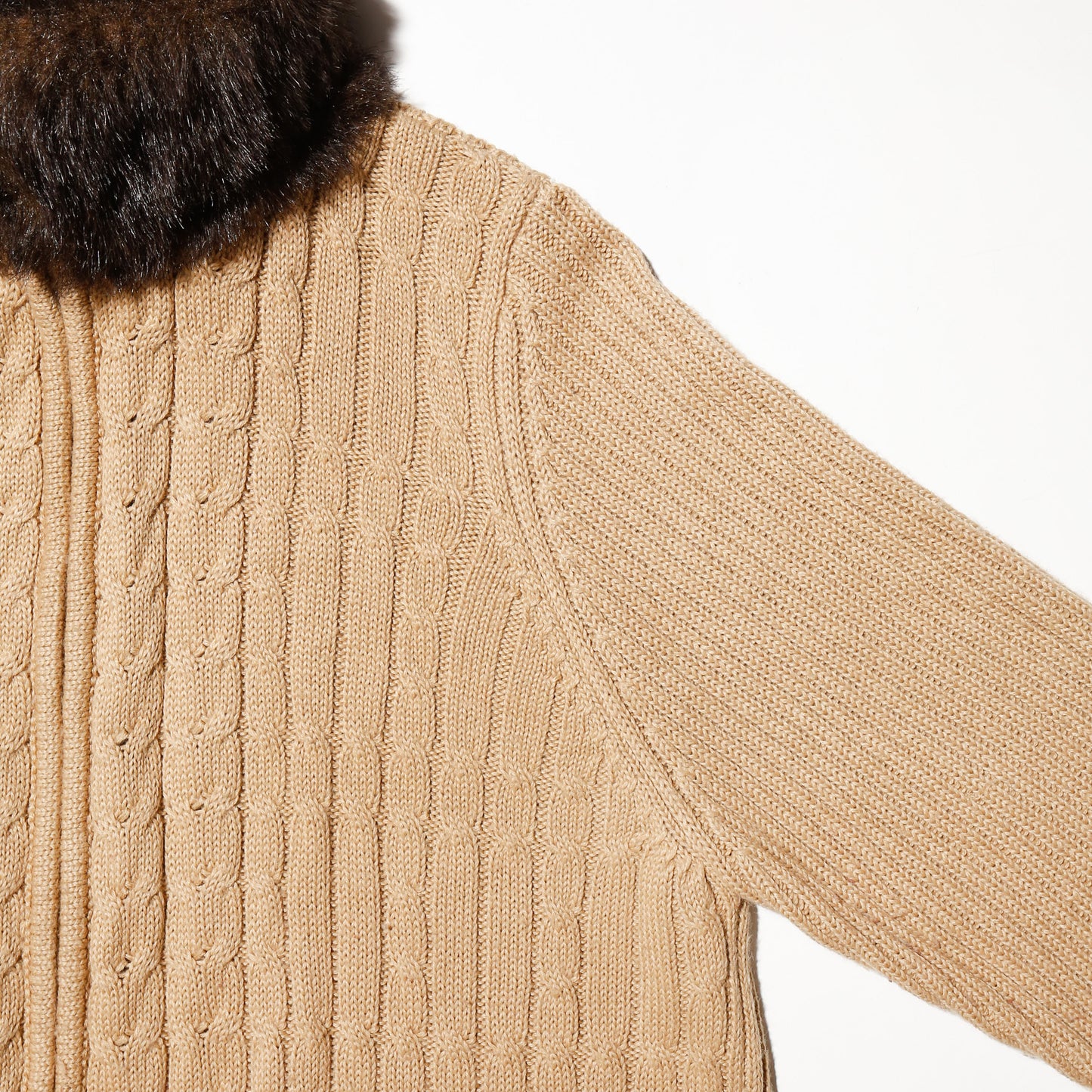 vintage fur collar cable knit jacket