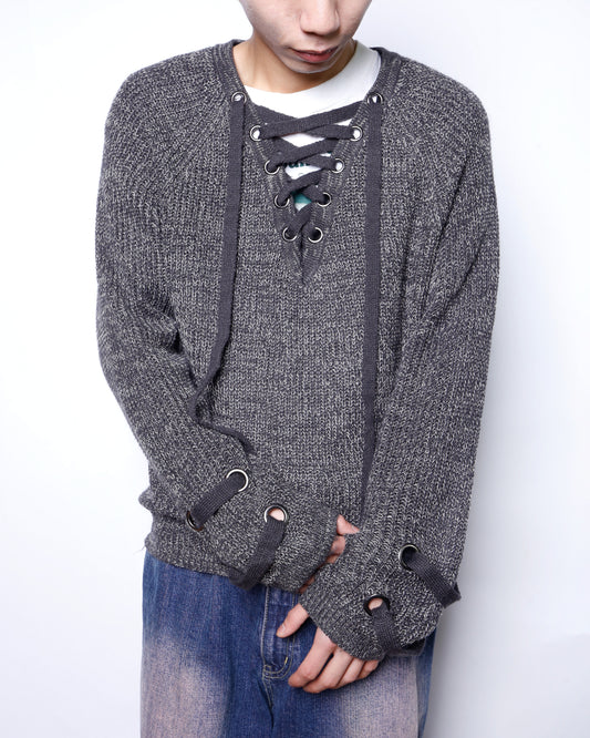 vintage lace up  melange sweater