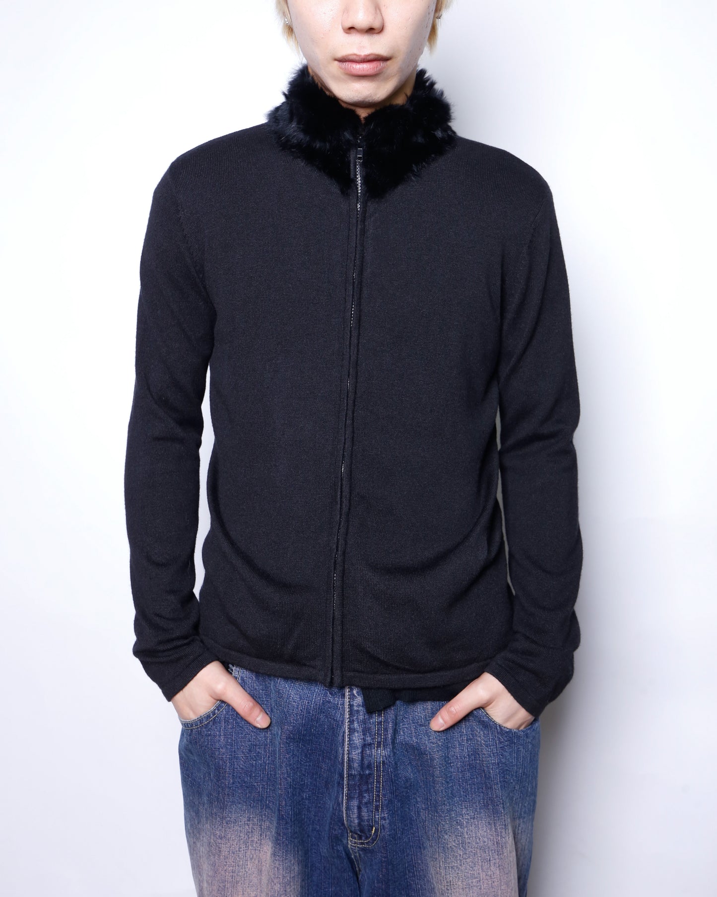 vintage fur neck zipped sweater
