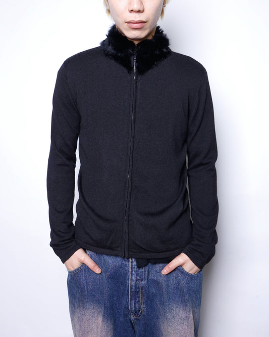 vintage fur neck zipped sweater