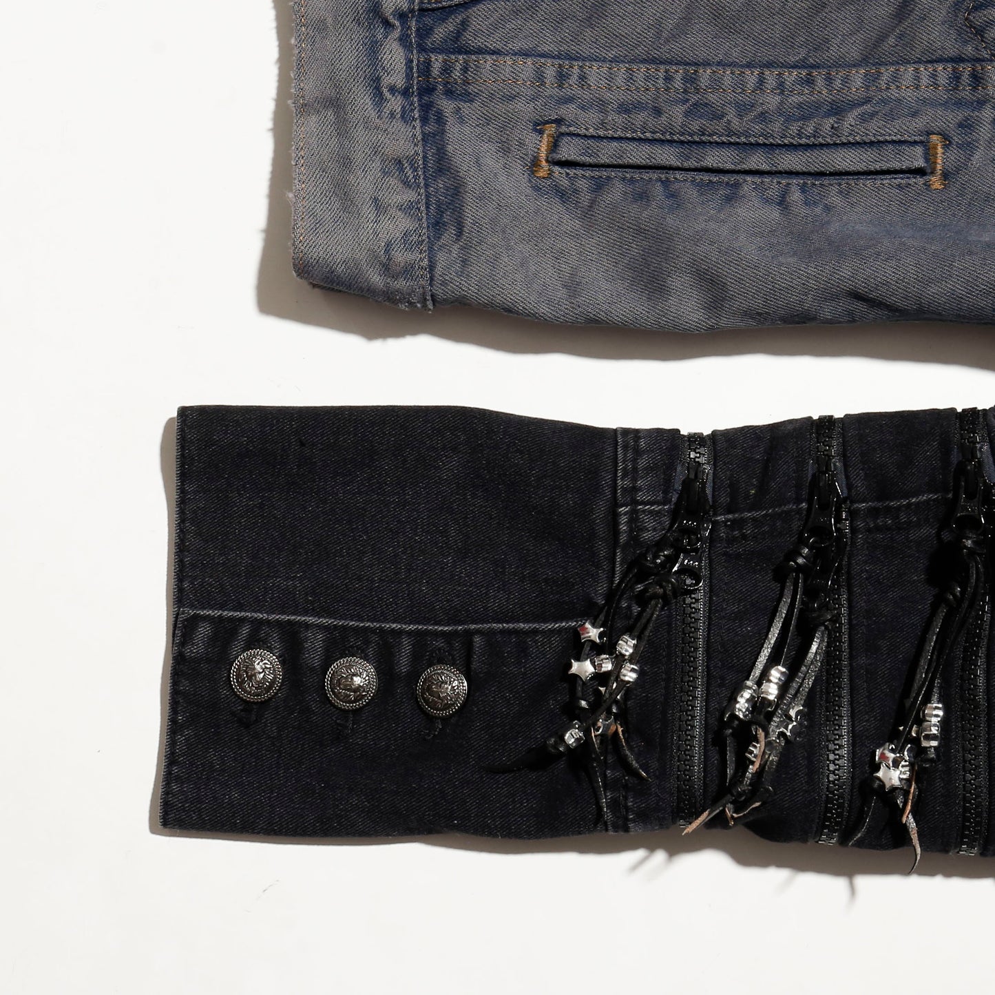 *one-off repaired fringe zipped trucker jacket