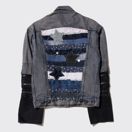 *one-off repaired fringe zipped trucker jacket