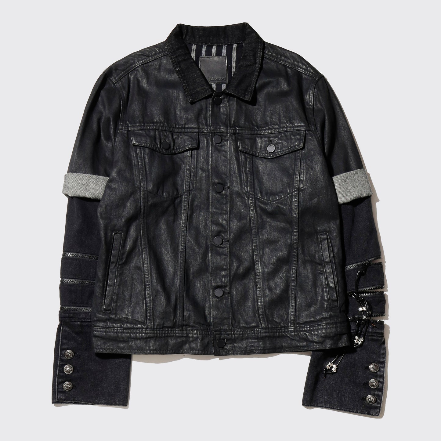 *one-off fringe zipped luster trucker jacket