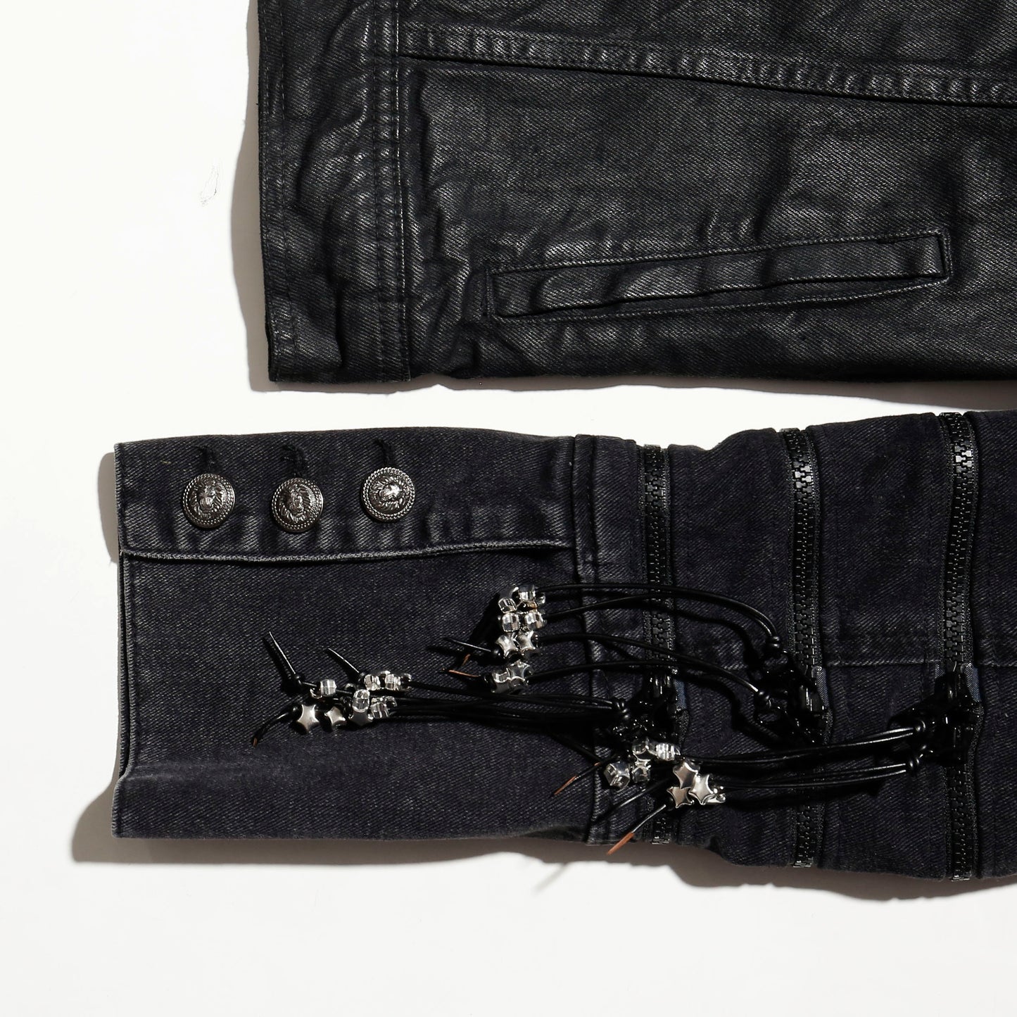 *one-off fringe zipped luster trucker jacket