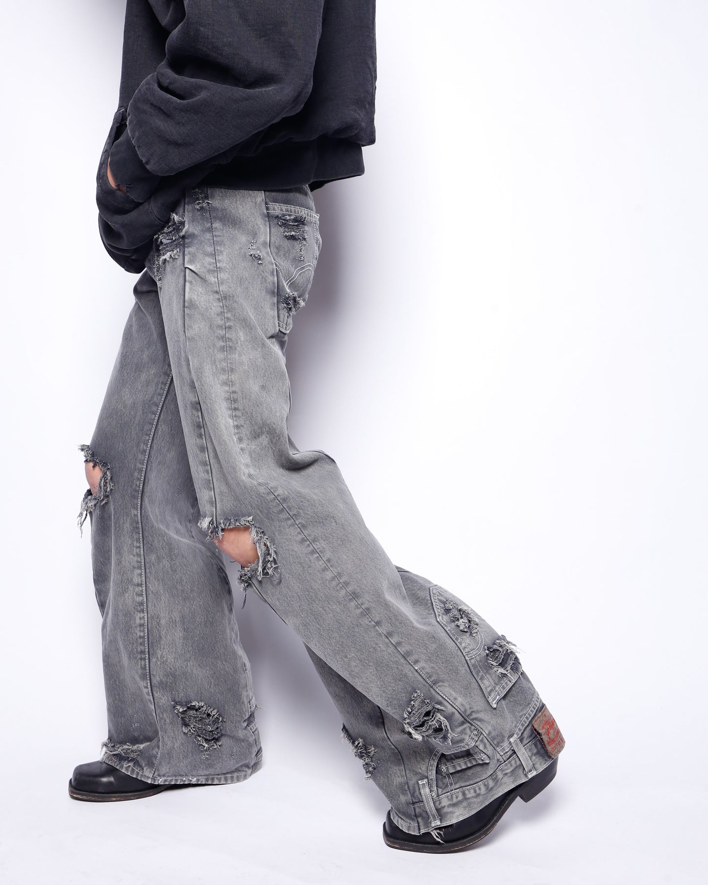 *one-off broken upside down jeans: model-acid finish
