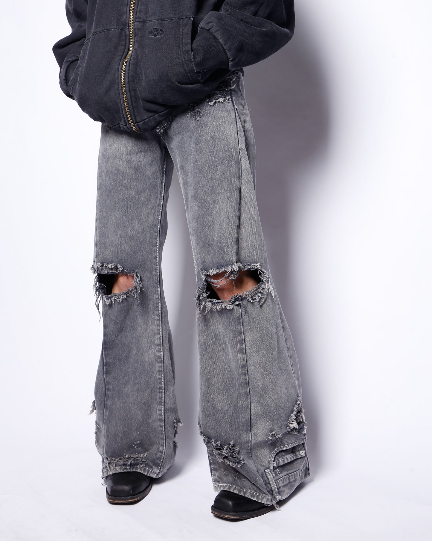 *one-off broken upside down jeans: model-acid finish