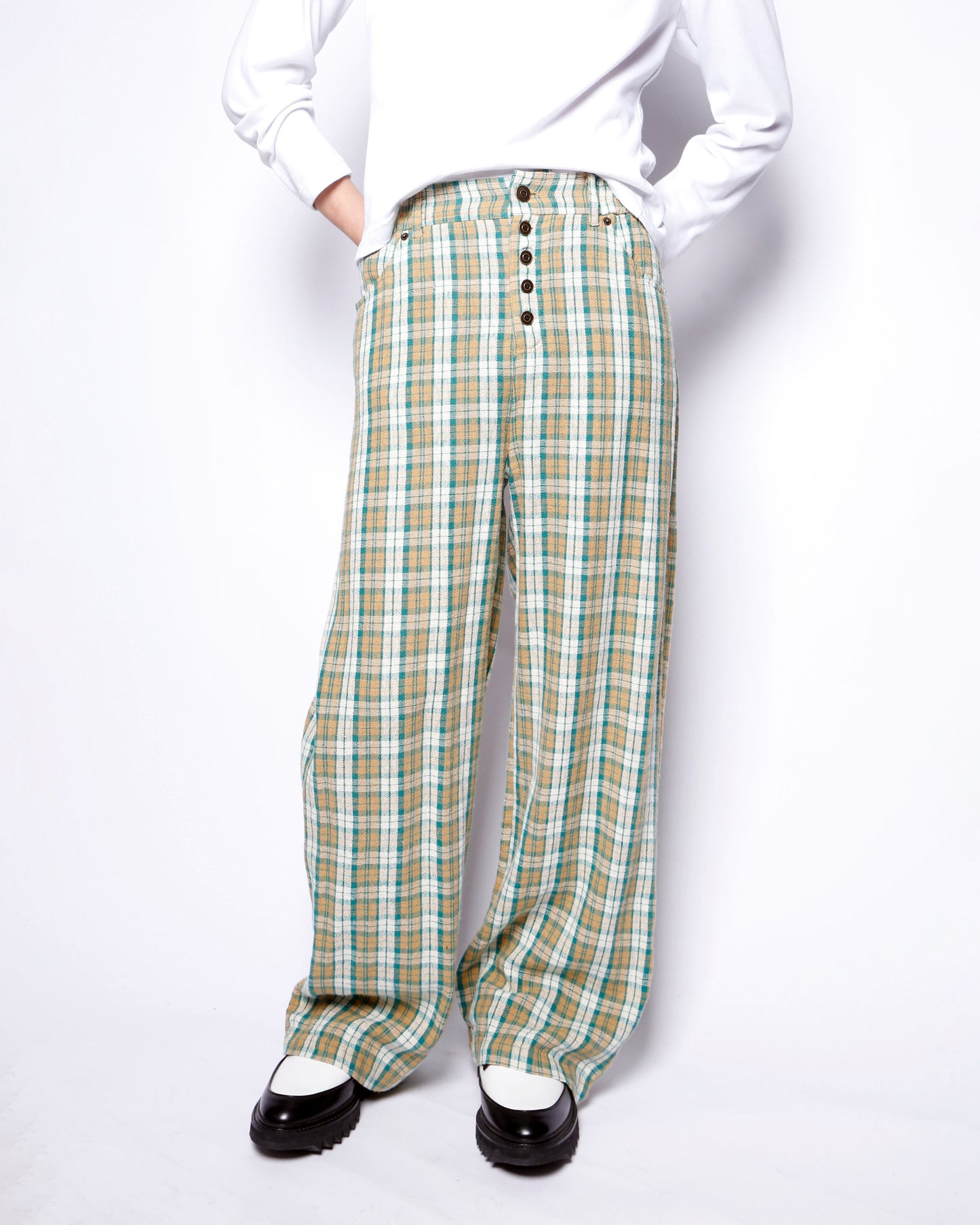 vintage check linen wide slacks