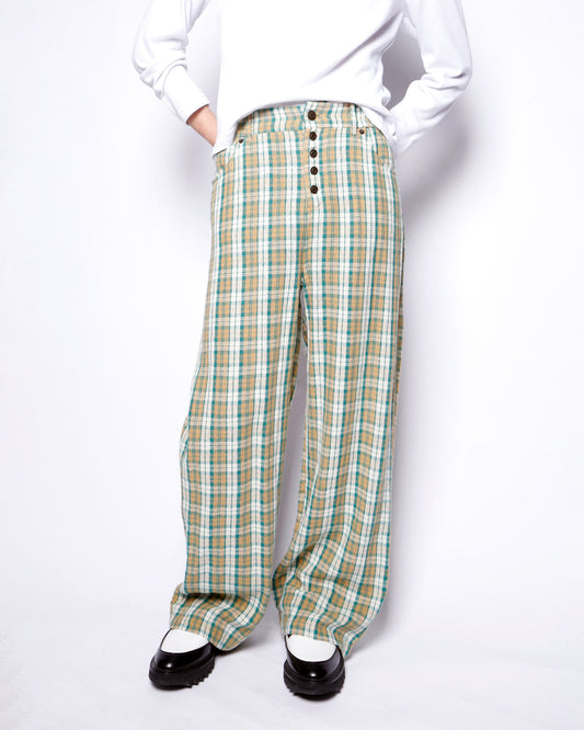 vintage check linen wide slacks