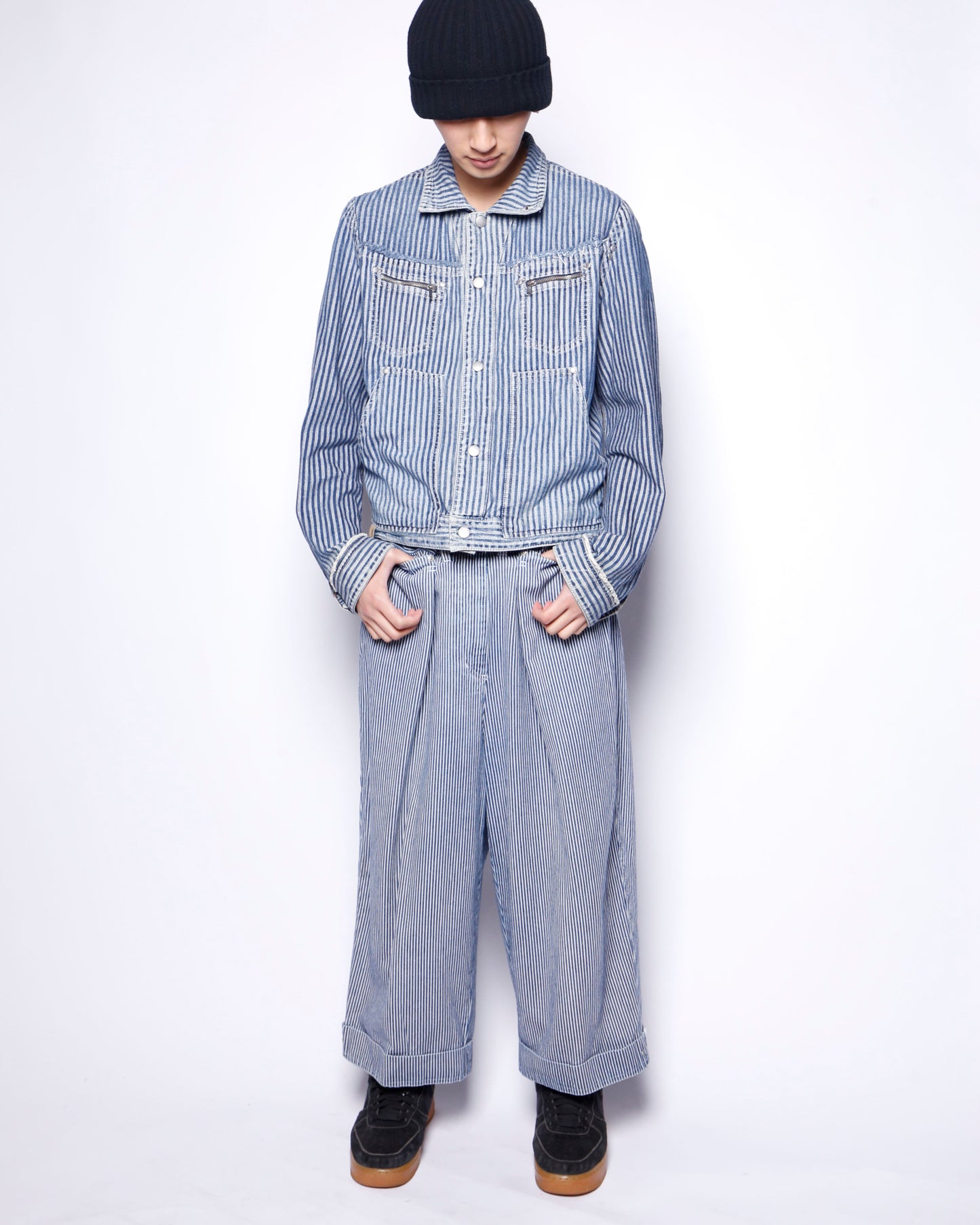 vintage hickory stripe tuck cropped trousers