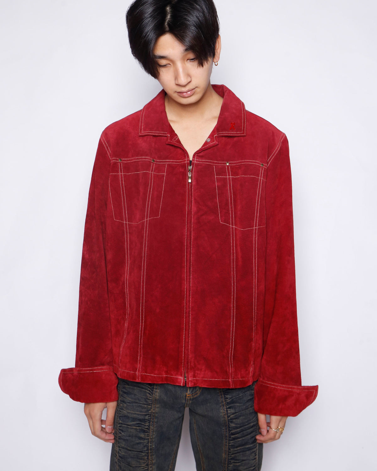 vintage stitched suede leather trucker jacket
