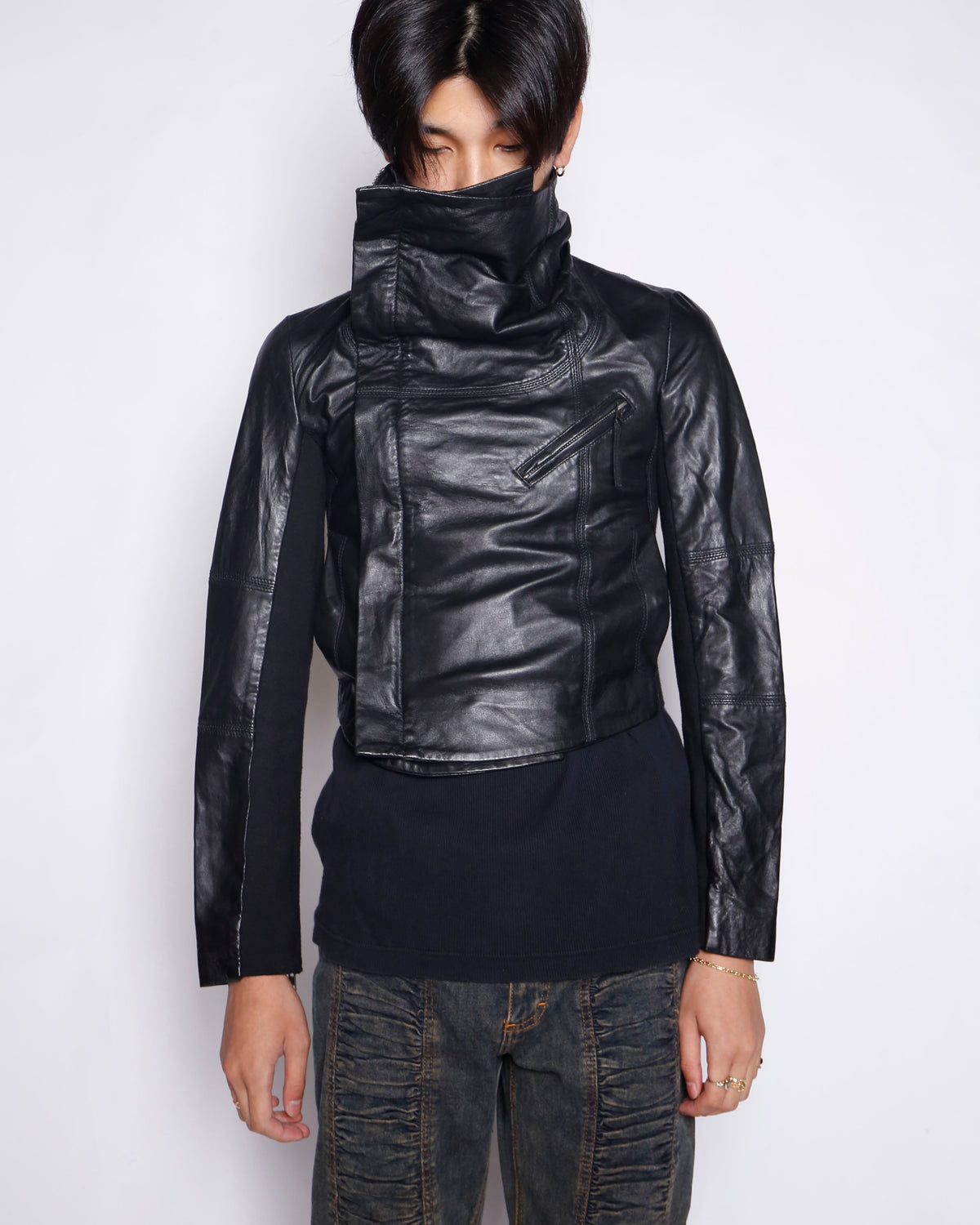vintage mango high neck cropped leather jacket