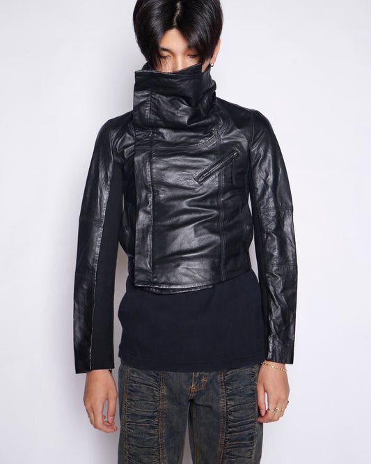 vintage mango high neck cropped leather jacket