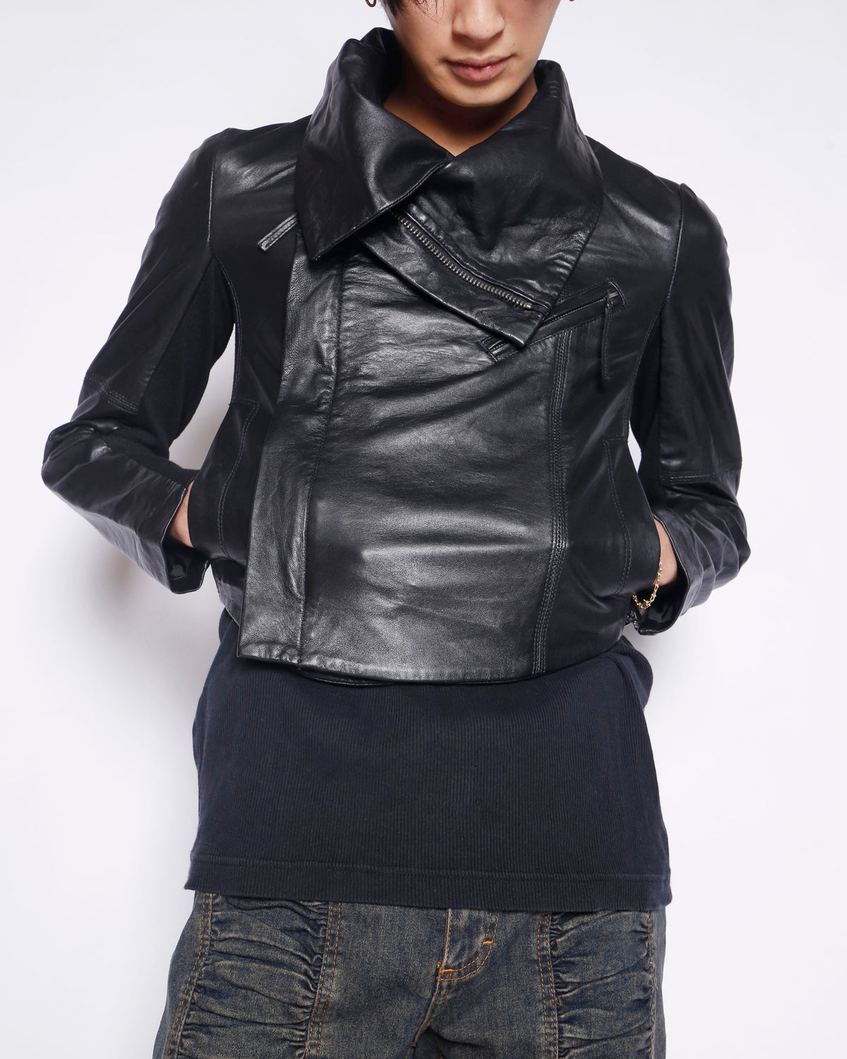 vintage mango high neck cropped leather jacket