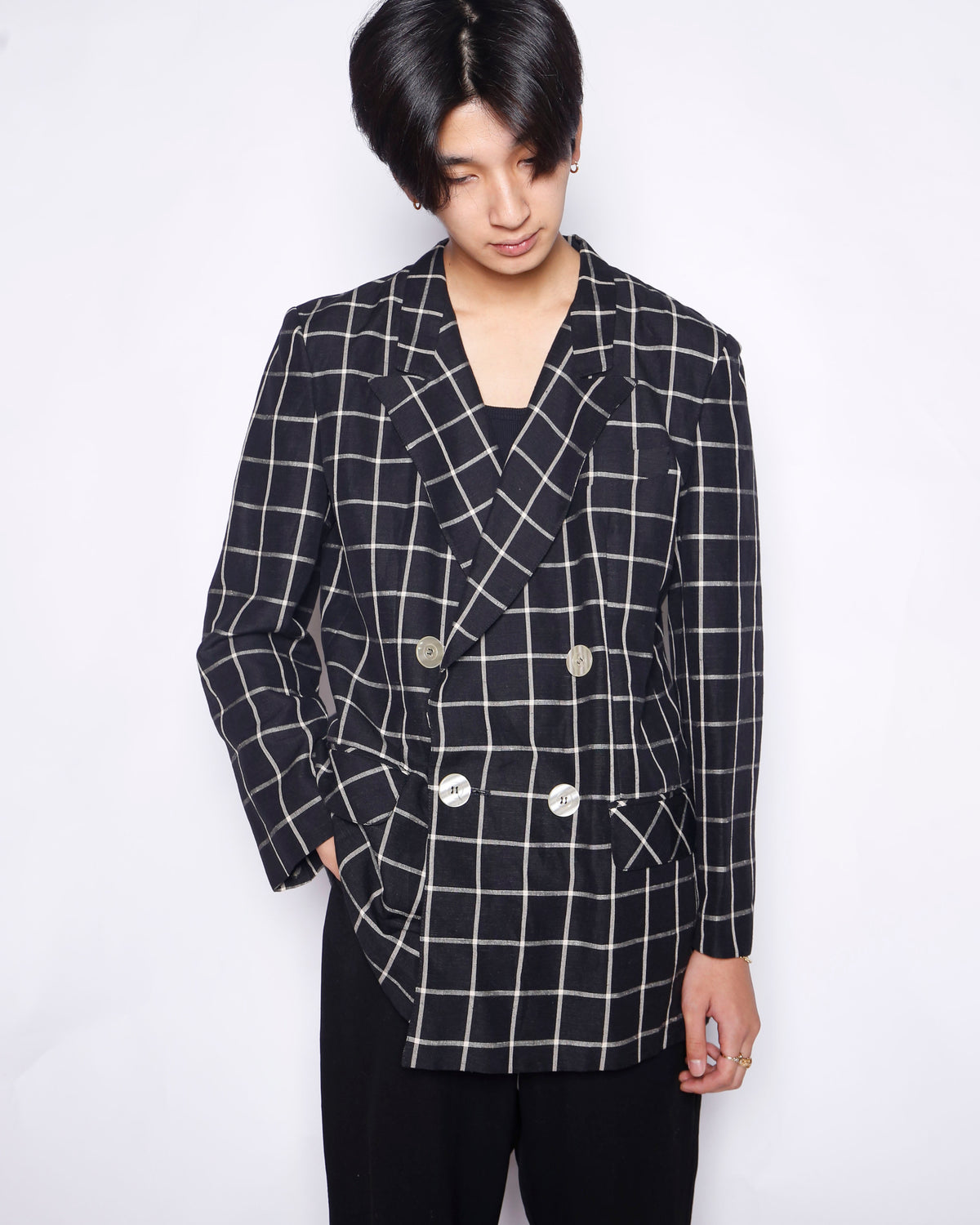 vintage window check linen double breasted tailored jacket