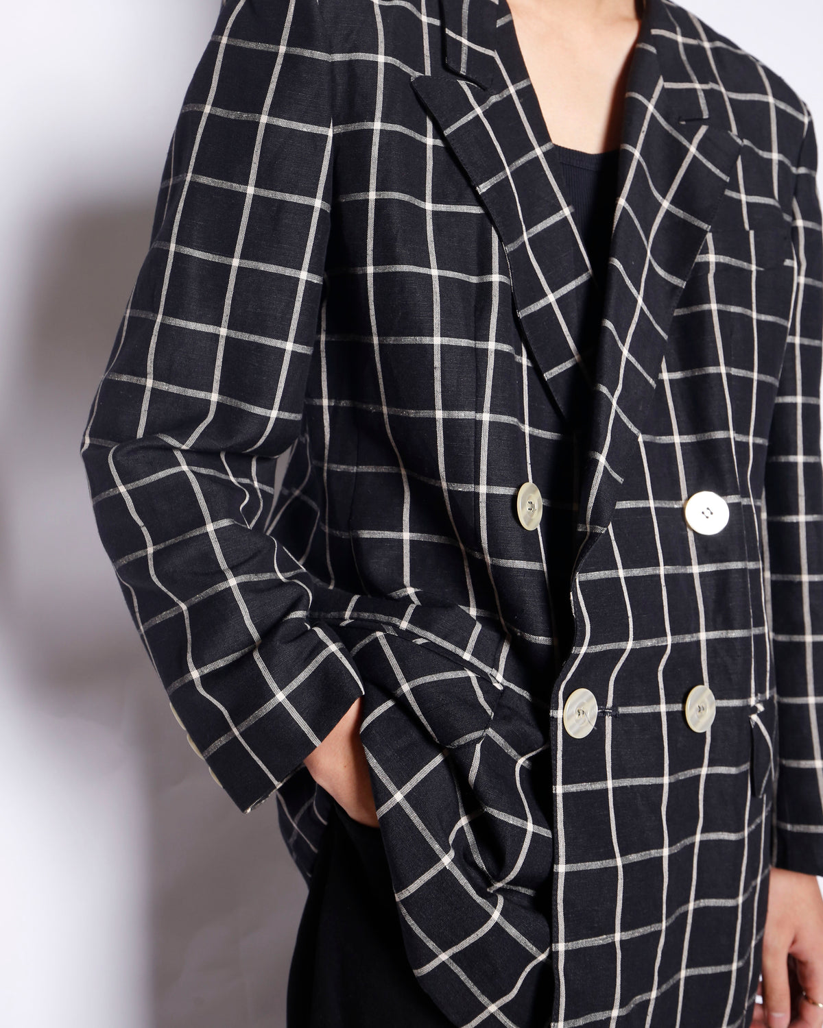 vintage window check linen double breasted tailored jacket