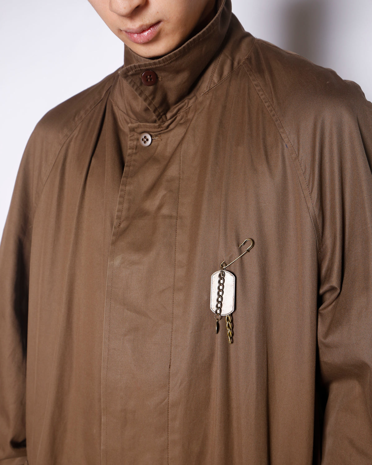 vintage perry ellis traveler long coat, with dogtag pins