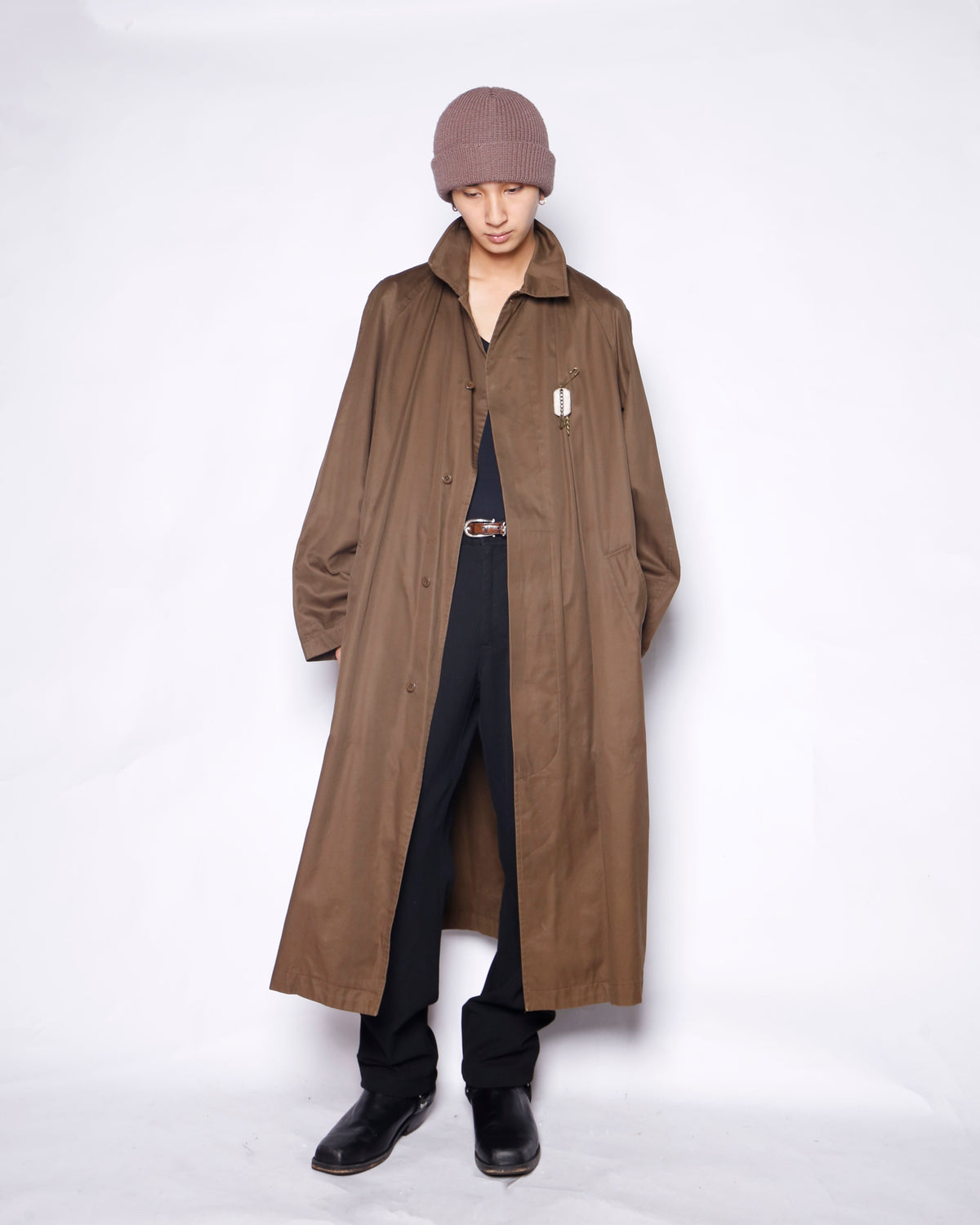 vintage perry ellis traveler long coat, with dogtag pins