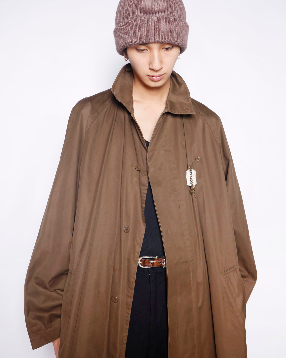 vintage perry ellis traveler long coat, with dogtag pins