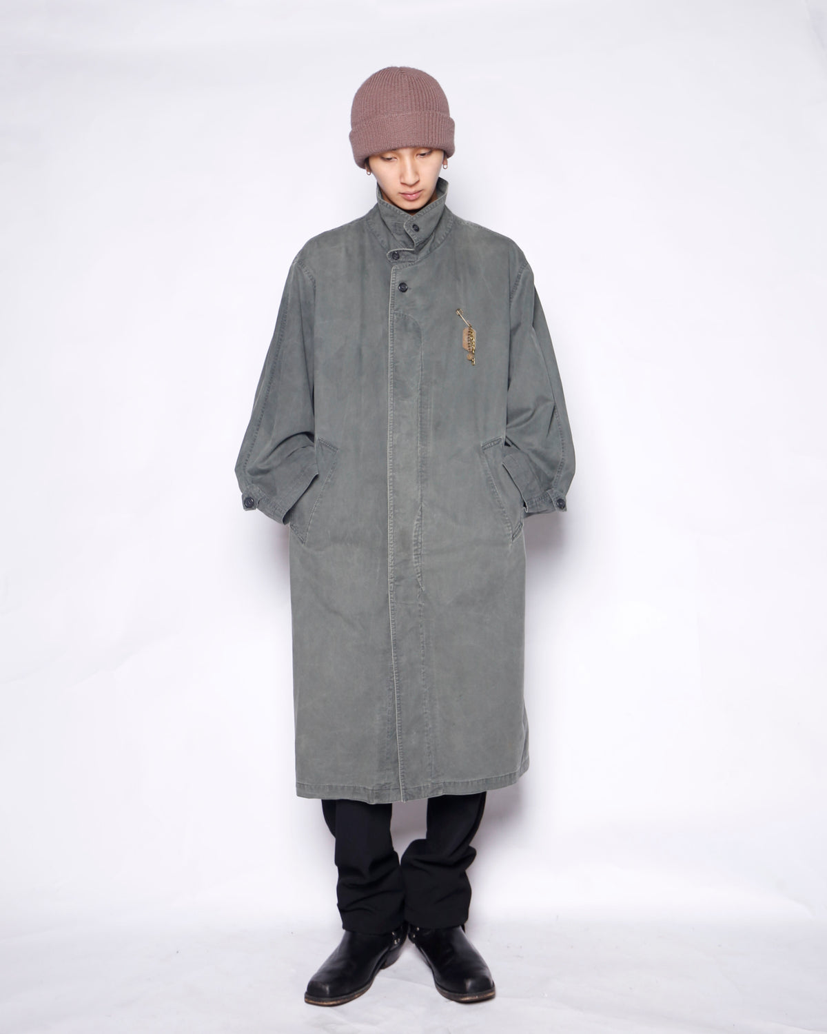 vintage euro chester field coat, with dogtag pins