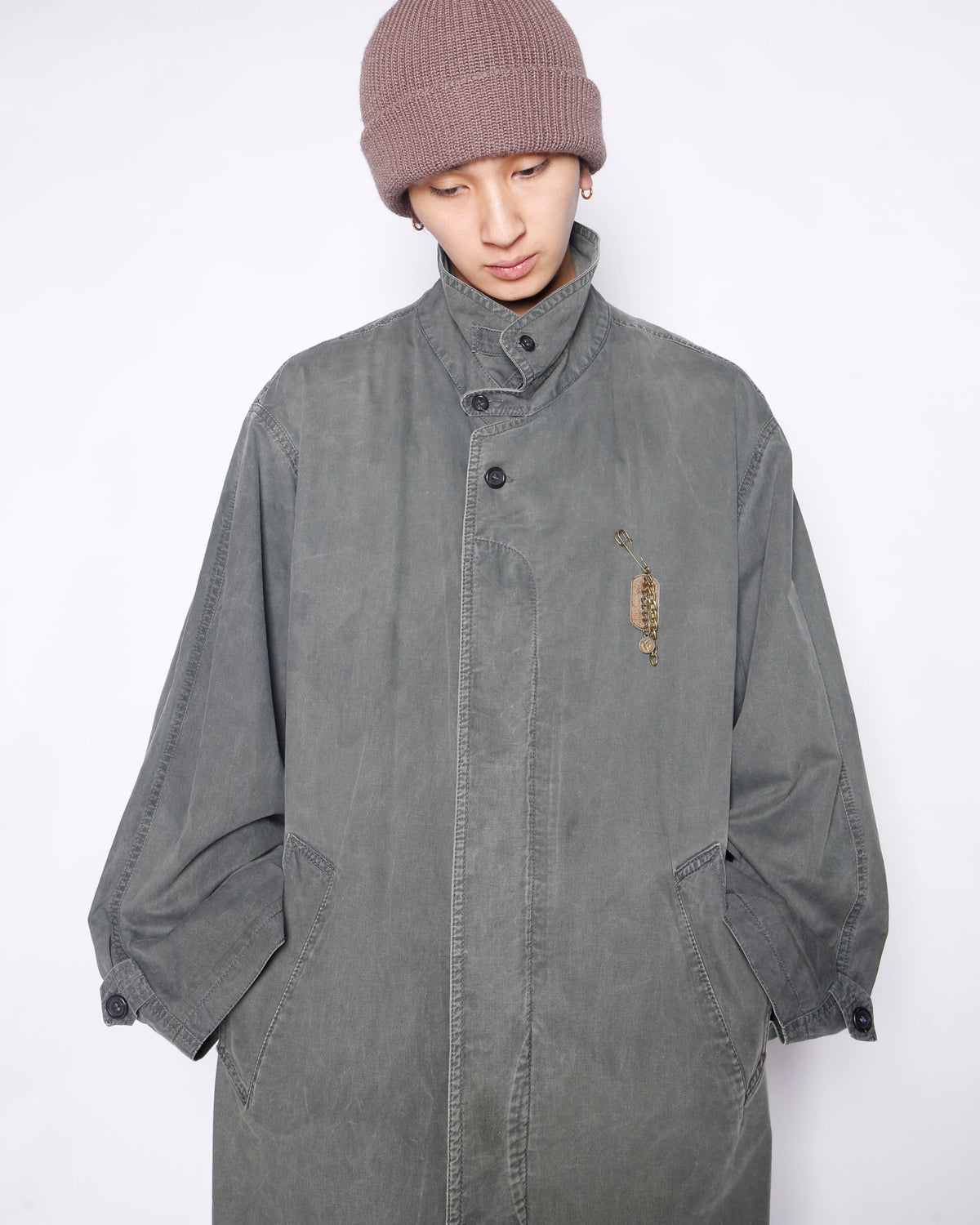vintage euro chester field coat, with dogtag pins